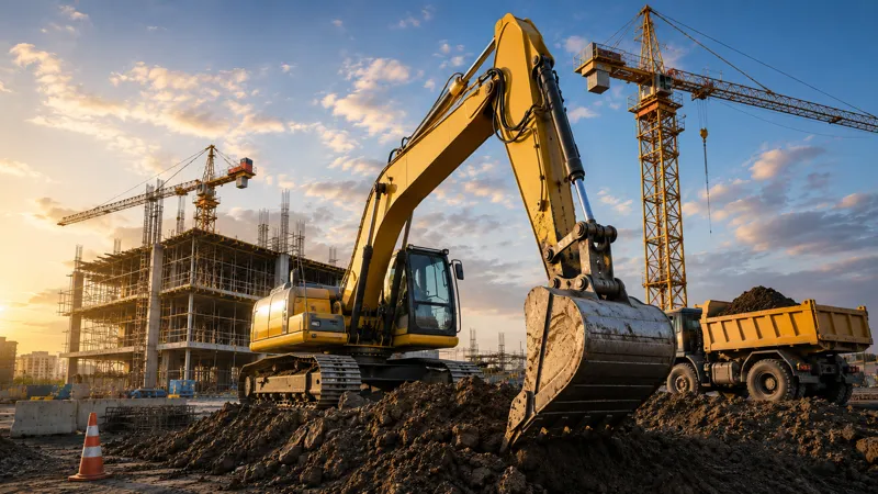 Excavator and tower cranes working a construction site at sunset