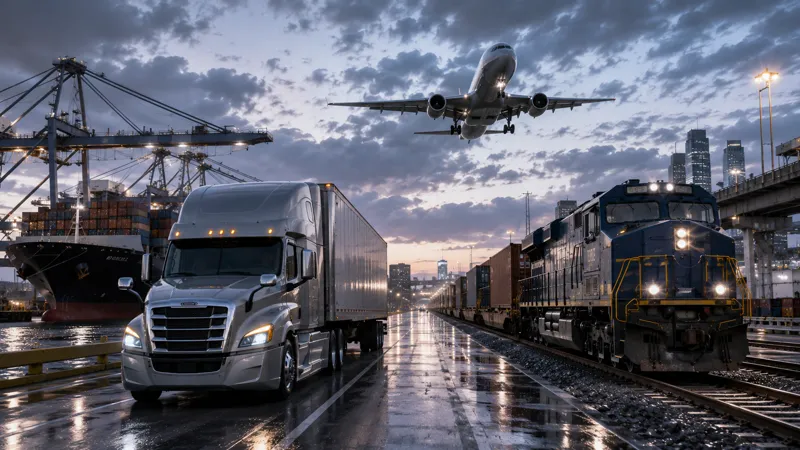Freight truck, train, and cargo plane at a logistics hub at dusk